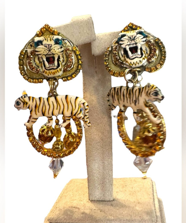 Lunch At The Ritz NEW Tiger Motif Gold Crystal rhinestone Earrings