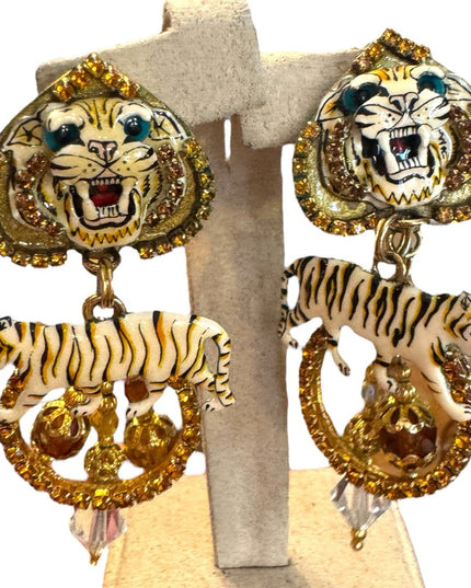 Lunch At The Ritz NEW Tiger Motif Gold Crystal rhinestone Earrings