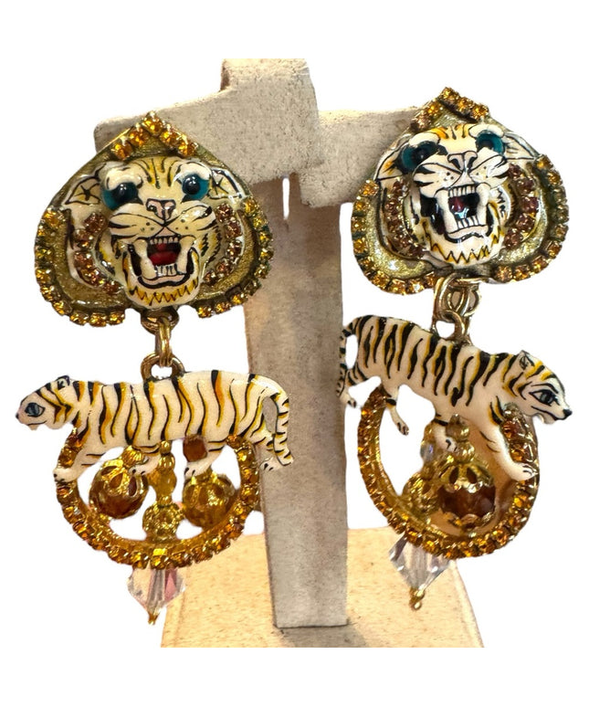 Lunch At The Ritz NEW Tiger Motif Gold Crystal rhinestone Earrings