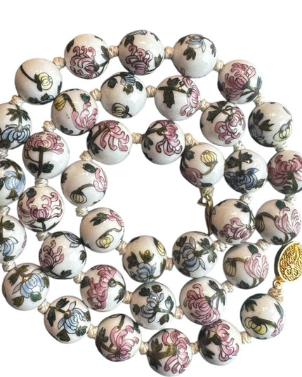 Vintage Chinese Export Hand Painted Bead Floral Ceramic Necklace