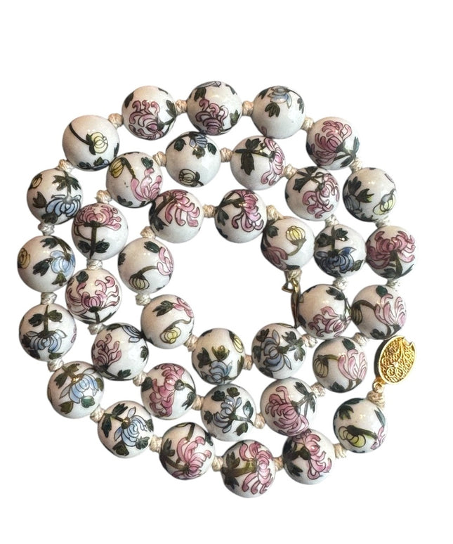 Vintage Chinese Export Hand Painted Bead Floral Ceramic Necklace