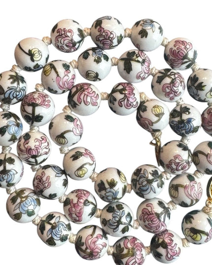 Vintage Chinese Export Hand Painted Bead Floral Ceramic Necklace