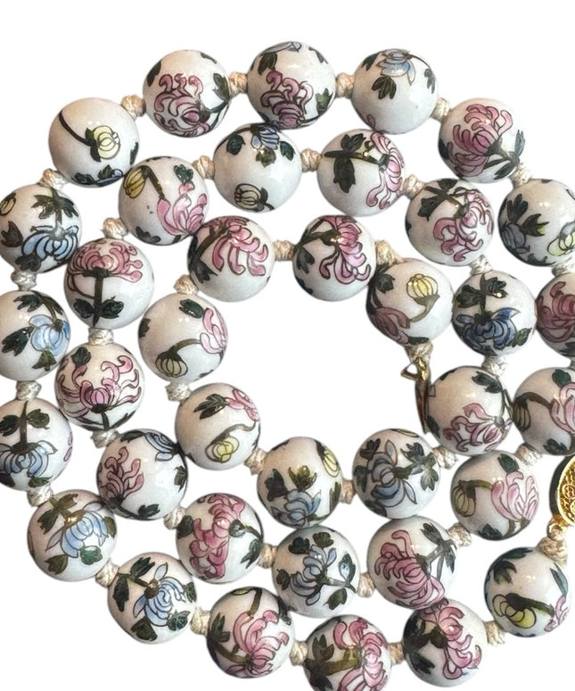 Vintage Chinese Export Hand Painted Bead Floral Ceramic Necklace