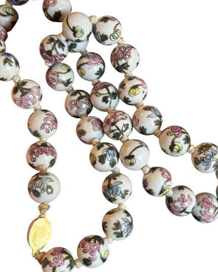 Vintage Chinese Export Hand Painted Bead Floral Ceramic Necklace