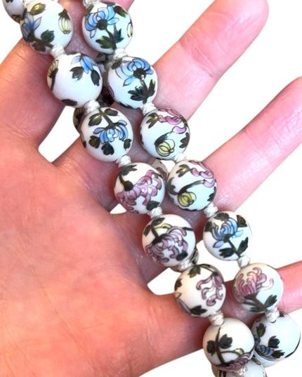 Vintage Chinese Export Hand Painted Bead Floral Ceramic Necklace