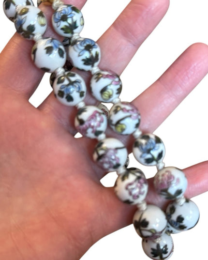 Vintage Chinese Export Hand Painted Bead Floral Ceramic Necklace