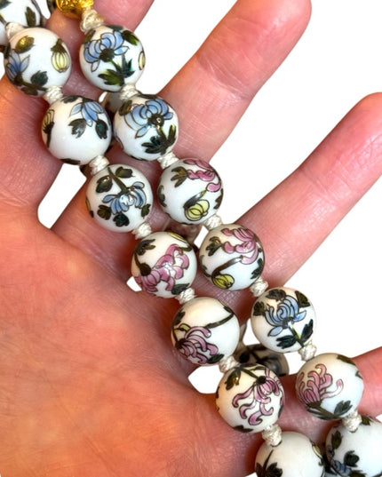 Vintage Chinese Export Hand Painted Bead Floral Ceramic Necklace