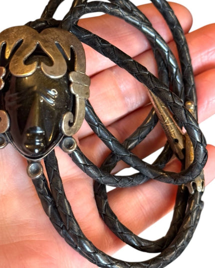 Vintage JH 925 Mexico Black onyx Leather Necklace Aztec Mayan Mask BOLO Pendant
