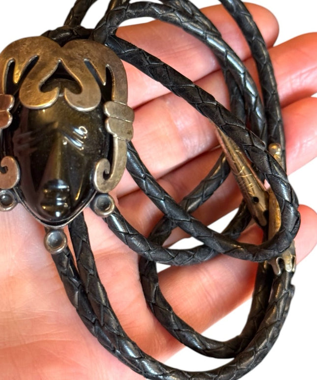 Vintage JH 925 Mexico Black onyx Leather Necklace Aztec Mayan Mask BOLO Pendant