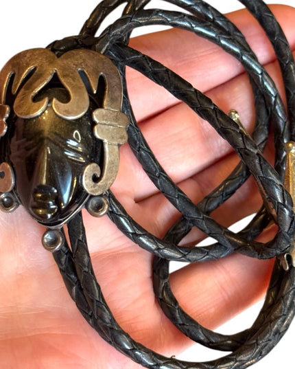 Vintage JH 925 Mexico Black onyx Leather Necklace Aztec Mayan Mask BOLO Pendant