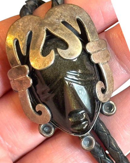 Vintage JH 925 Mexico Black onyx Leather Necklace Aztec Mayan Mask BOLO Pendant