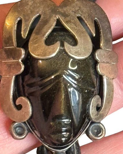 Vintage JH 925 Mexico Black onyx Leather Necklace Aztec Mayan Mask BOLO Pendant