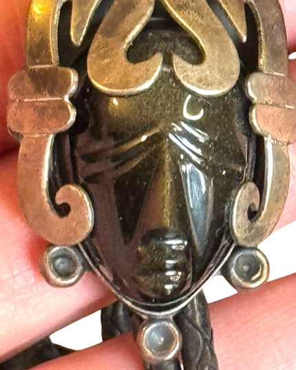 Vintage JH 925 Mexico Black onyx Leather Necklace Aztec Mayan Mask BOLO Pendant