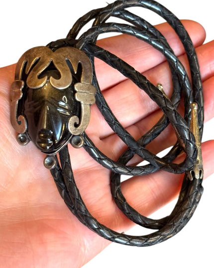 Vintage JH 925 Mexico Black onyx Leather Necklace Aztec Mayan Mask BOLO Pendant