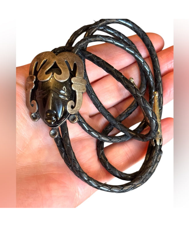 Vintage JH 925 Mexico Black onyx Leather Necklace Aztec Mayan Mask BOLO Pendant