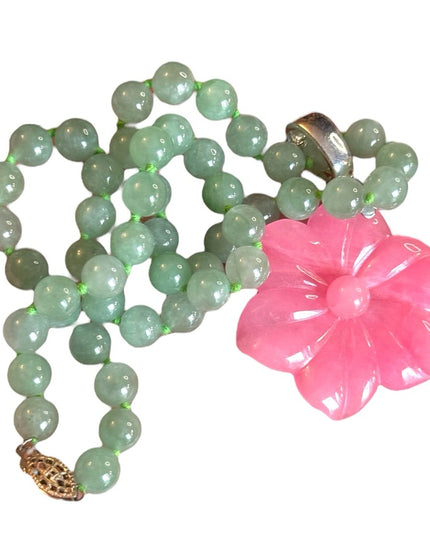 GSJ Jadite Beaded Necklace Hawaiian Jadite Pink Flower Pendant Sterling