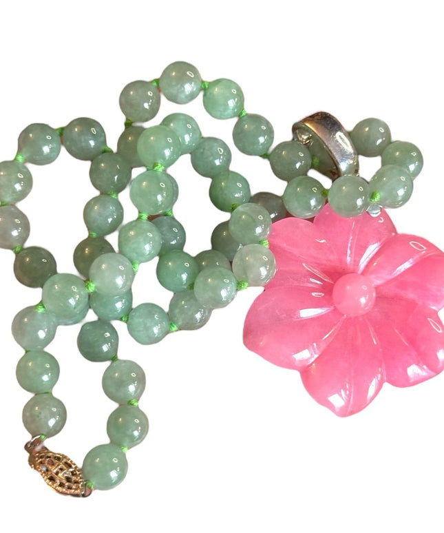 GSJ Jadite Beaded Necklace Hawaiian Jadite Pink Flower Pendant Sterling