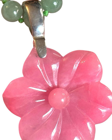 GSJ Jadite Beaded Necklace Hawaiian Jadite Pink Flower Pendant Sterling