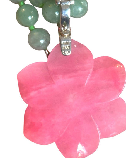 GSJ Jadite Beaded Necklace Hawaiian Jadite Pink Flower Pendant Sterling