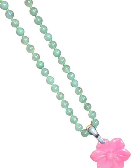 GSJ Jadite Beaded Necklace Hawaiian Jadite Pink Flower Pendant Sterling