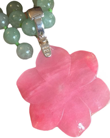 GSJ Jadite Beaded Necklace Hawaiian Jadite Pink Flower Pendant Sterling