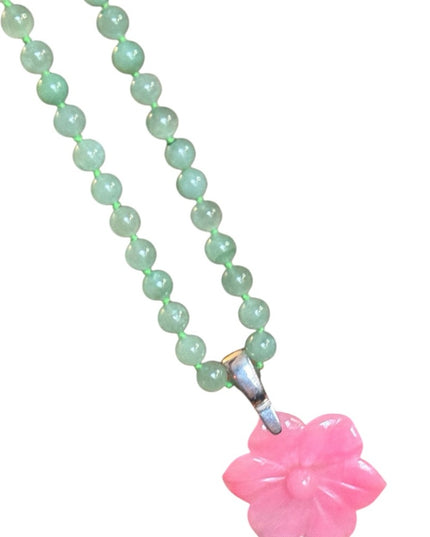 GSJ Jadite Beaded Necklace Hawaiian Jadite Pink Flower Pendant Sterling