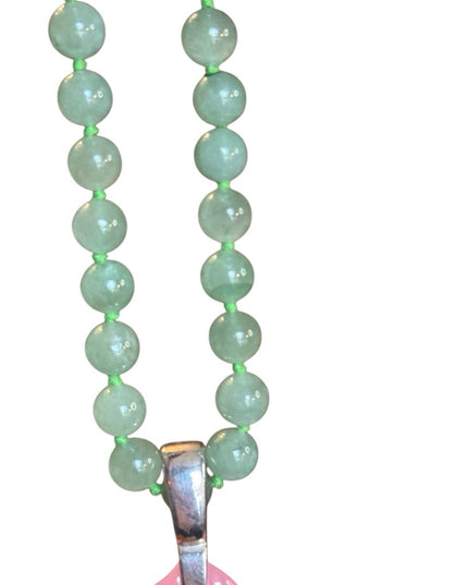 GSJ Jadite Beaded Necklace Hawaiian Jadite Pink Flower Pendant Sterling
