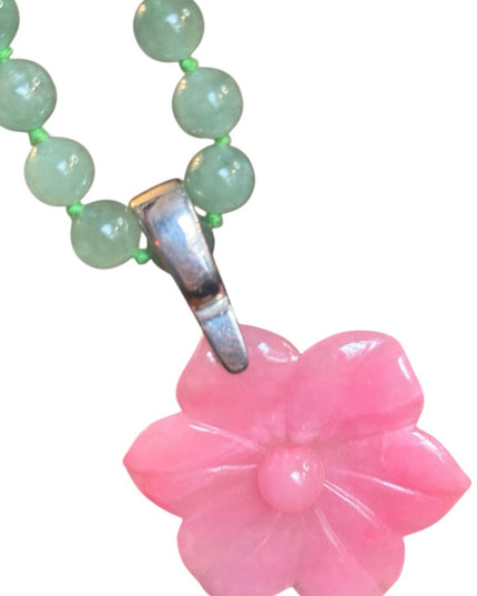 GSJ Jadite Beaded Necklace Hawaiian Jadite Pink Flower Pendant Sterling