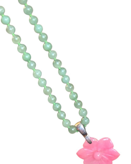 GSJ Jadite Beaded Necklace Hawaiian Jadite Pink Flower Pendant Sterling