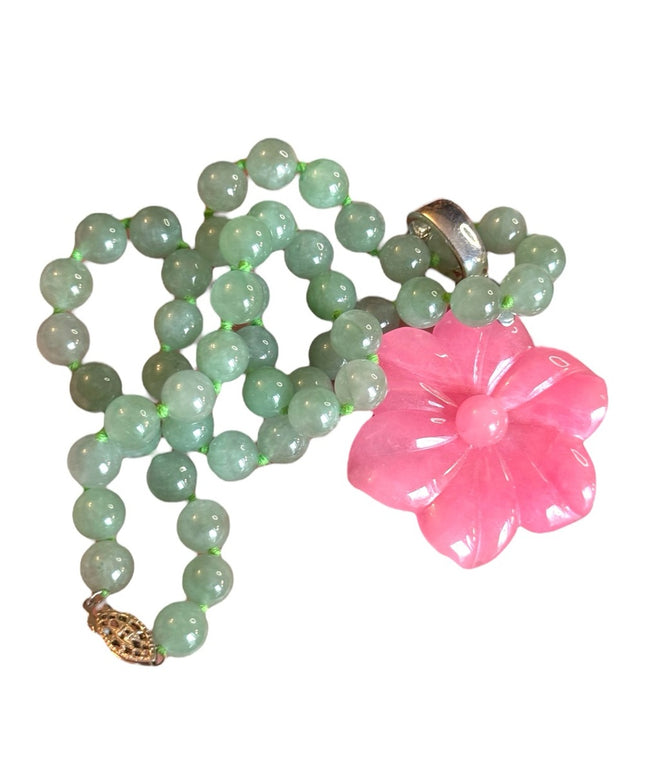 GSJ Jadite Beaded Necklace Hawaiian Jadite Pink Flower Pendant Sterling