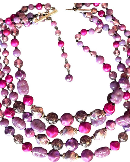 Vintage Purple pink hues 4 strand Glass crystal resin stunning Beaded Necklace
