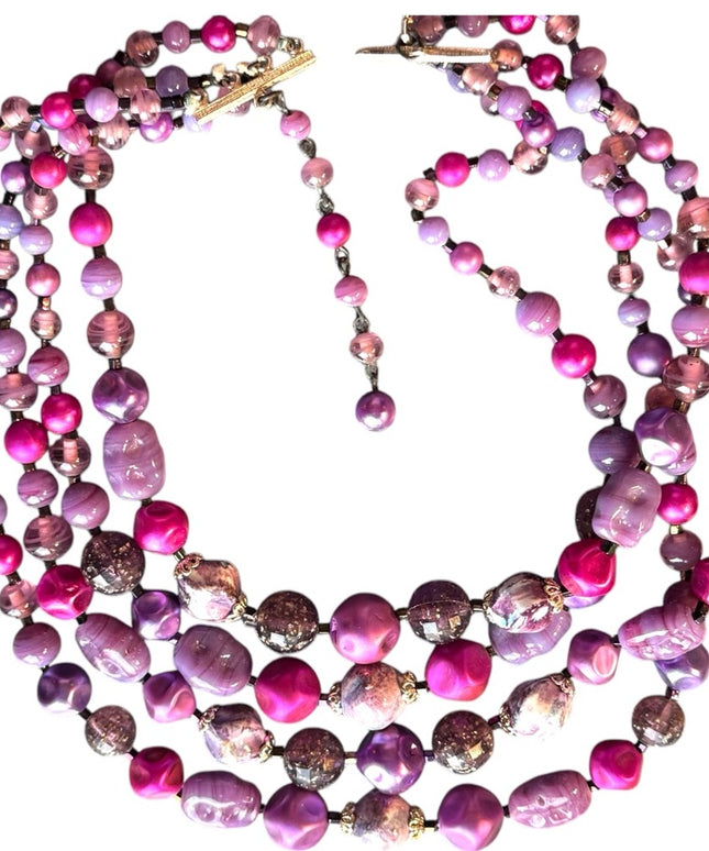 Vintage Purple pink hues 4 strand Glass crystal resin stunning Beaded Necklace