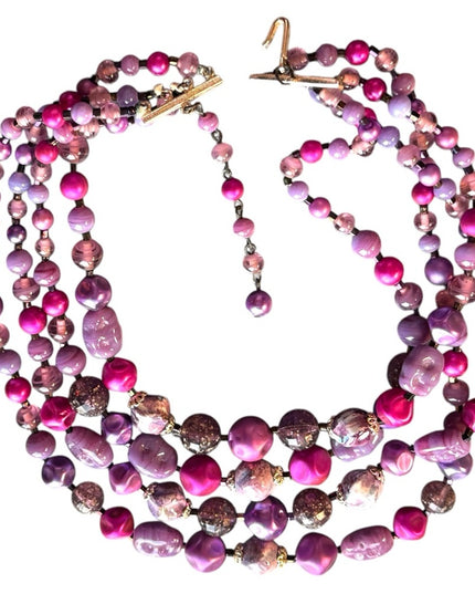 Vintage Purple pink hues 4 strand Glass crystal resin stunning Beaded Necklace
