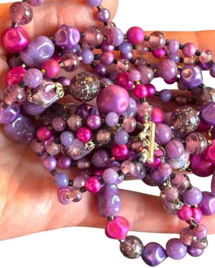 Vintage Purple pink hues 4 strand Glass crystal resin stunning Beaded Necklace