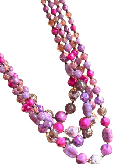 Vintage Purple pink hues 4 strand Glass crystal resin stunning Beaded Necklace