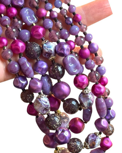 Vintage Purple pink hues 4 strand Glass crystal resin stunning Beaded Necklace