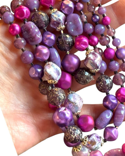 Vintage Purple pink hues 4 strand Glass crystal resin stunning Beaded Necklace