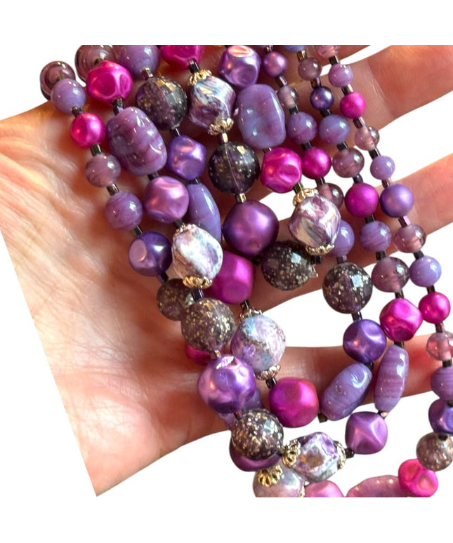 Vintage Purple pink hues 4 strand Glass crystal resin stunning Beaded Necklace