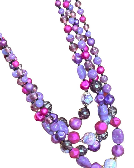 Vintage Purple pink hues 4 strand Glass crystal resin stunning Beaded Necklace