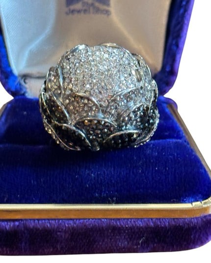 Lovely Large Domed Ombre Peony Pave Silver Crystal Ring