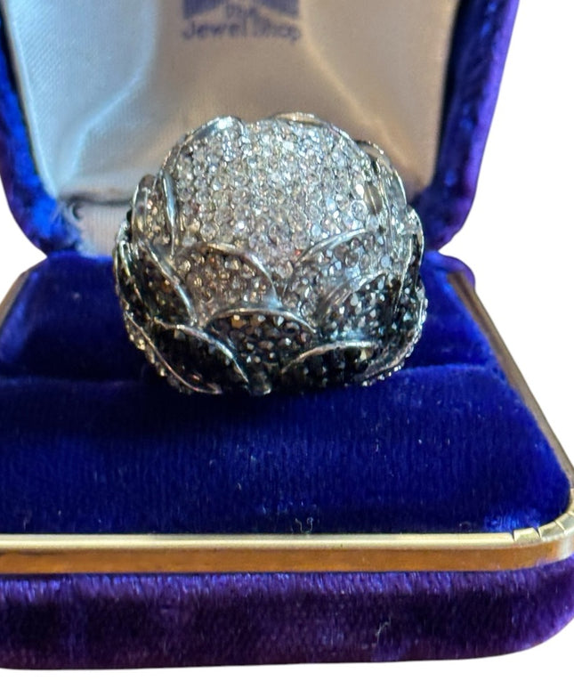 Lovely Large Domed Ombre Peony Pave Silver Crystal Ring