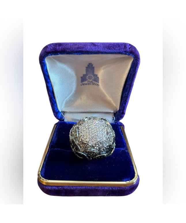 Lovely Large Domed Ombre Peony Pave Silver Crystal Ring