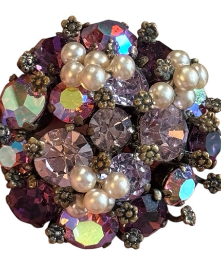 Vintage 1940s TRIAD Elegant Purple AB Crystal and Pearl Cluster Brooch