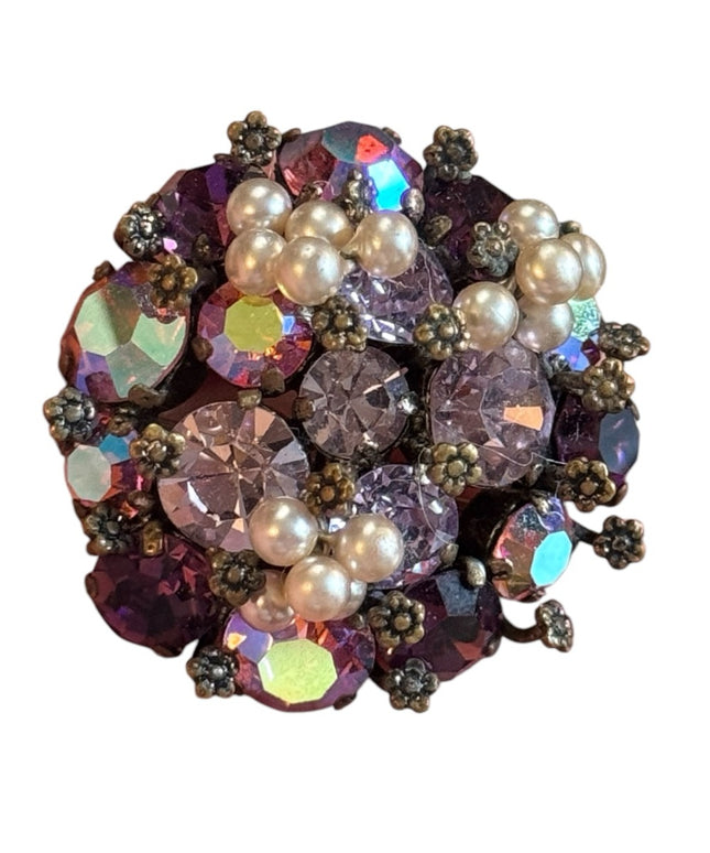 Vintage 1940s TRIAD Elegant Purple AB Crystal and Pearl Cluster Brooch