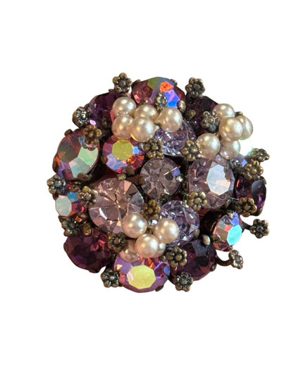 Vintage 1940s TRIAD Elegant Purple AB Crystal and Pearl Cluster Brooch