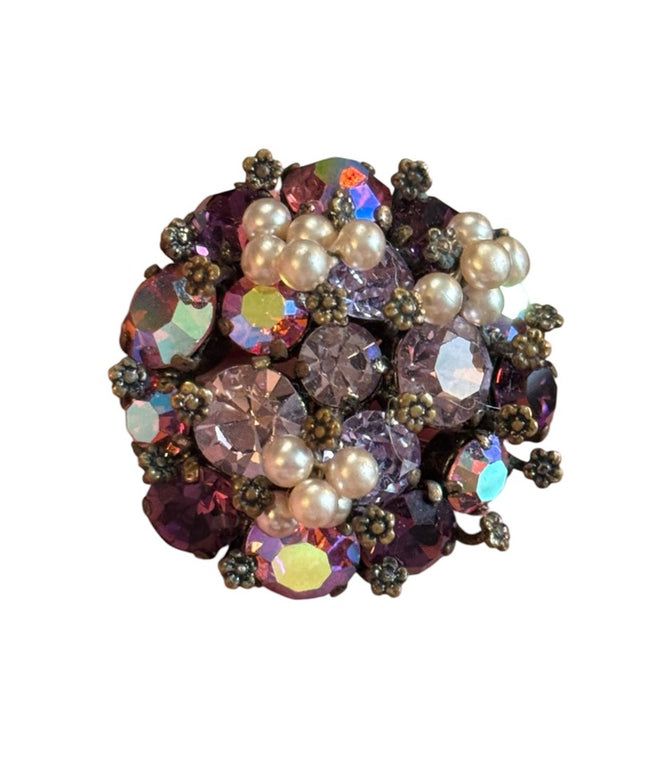 Vintage 1940s TRIAD Elegant Purple AB Crystal and Pearl Cluster Brooch