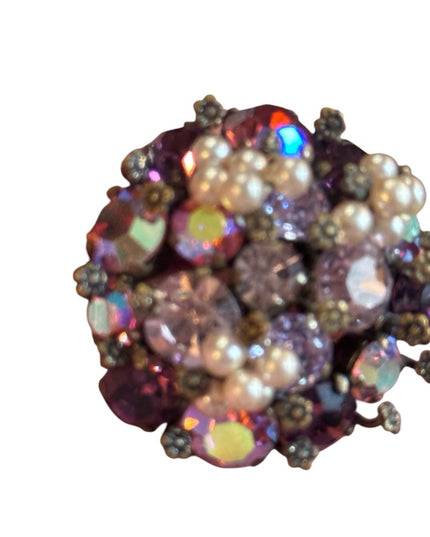 Vintage 1940s TRIAD Elegant Purple AB Crystal and Pearl Cluster Brooch