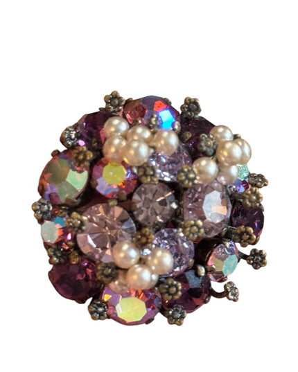 Vintage 1940s TRIAD Elegant Purple AB Crystal and Pearl Cluster Brooch