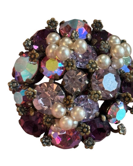 Vintage 1940s TRIAD Elegant Purple AB Crystal and Pearl Cluster Brooch