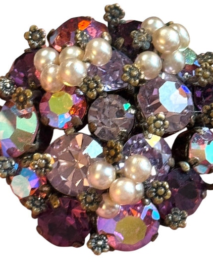 Vintage 1940s TRIAD Elegant Purple AB Crystal and Pearl Cluster Brooch